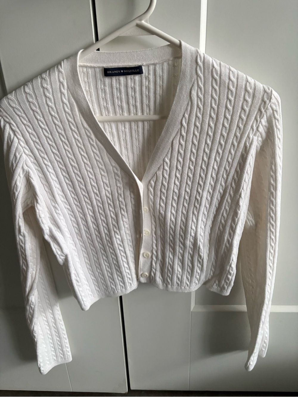Brandy Melville White Cable-Knit V-Neck Button Cardigan